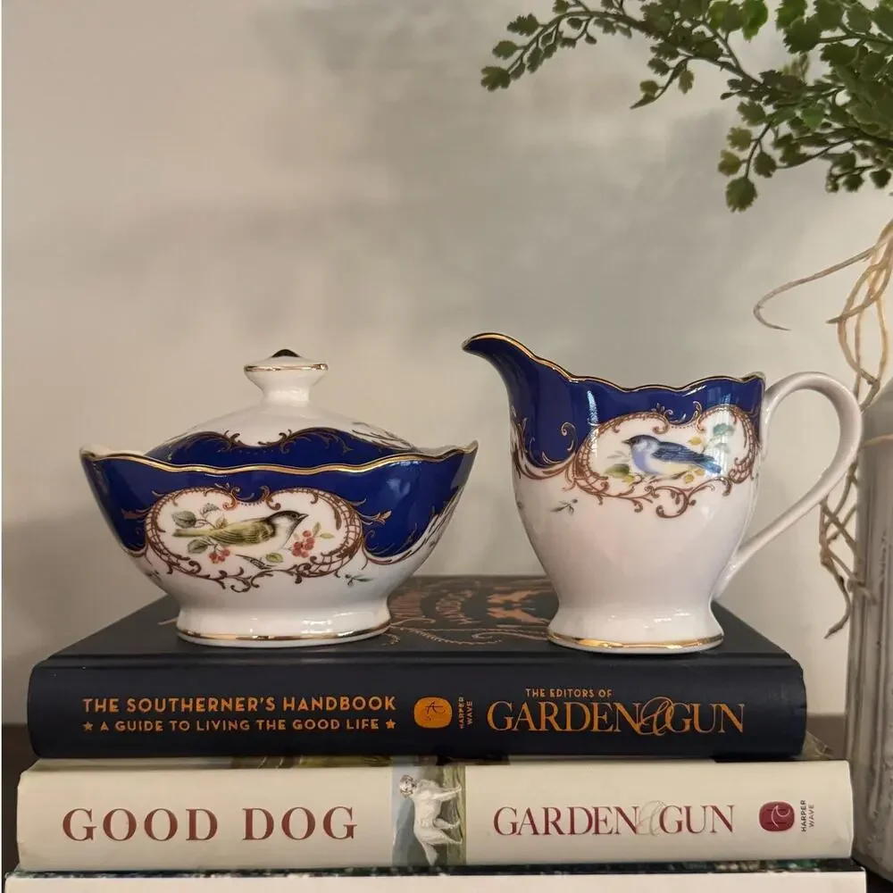 Grace Teaware Royal Blue Birds Porcelain Creamer Sugar Set (2)